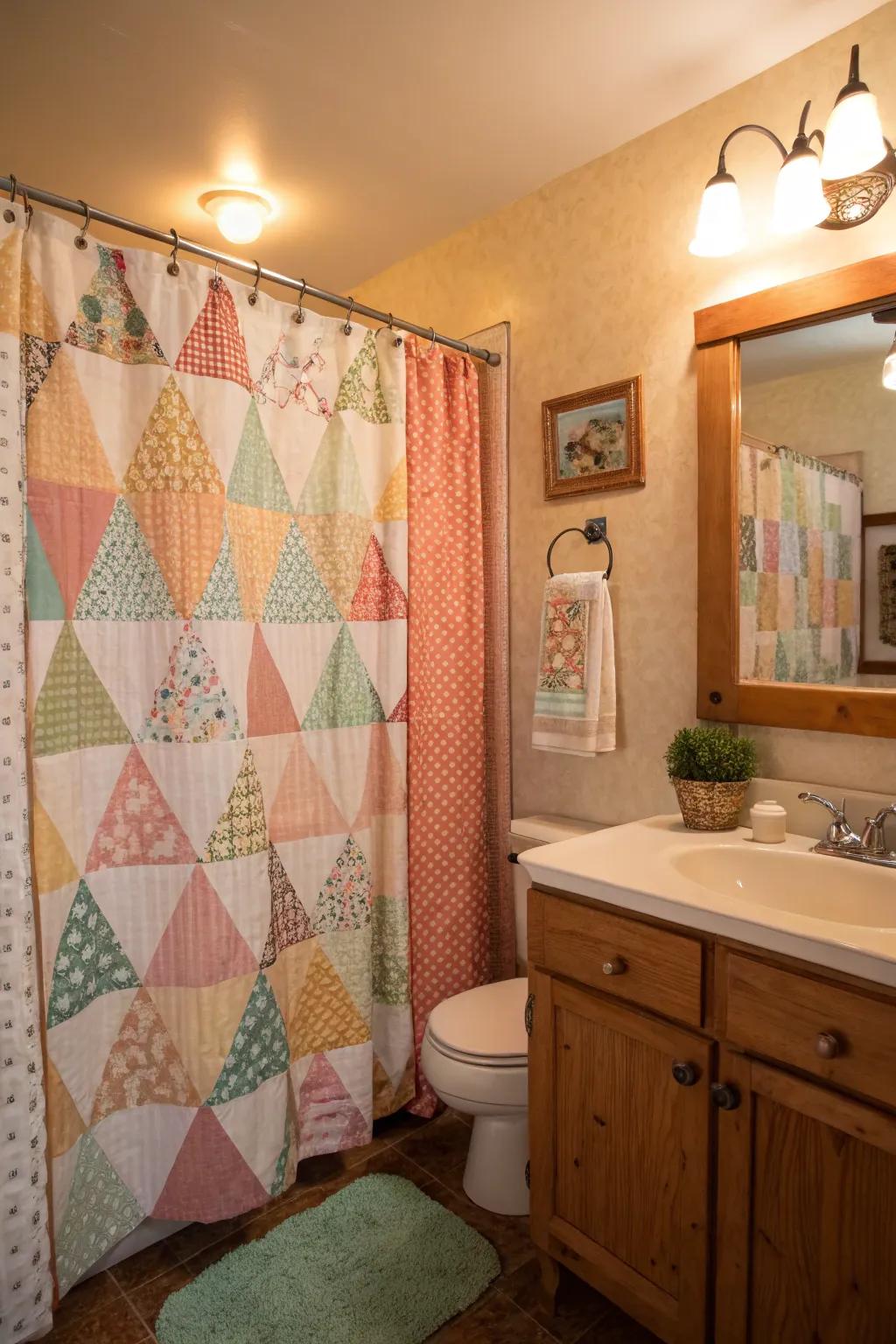 A cozy bathroom with a patchwork patterned shower curtain exuding warmth.