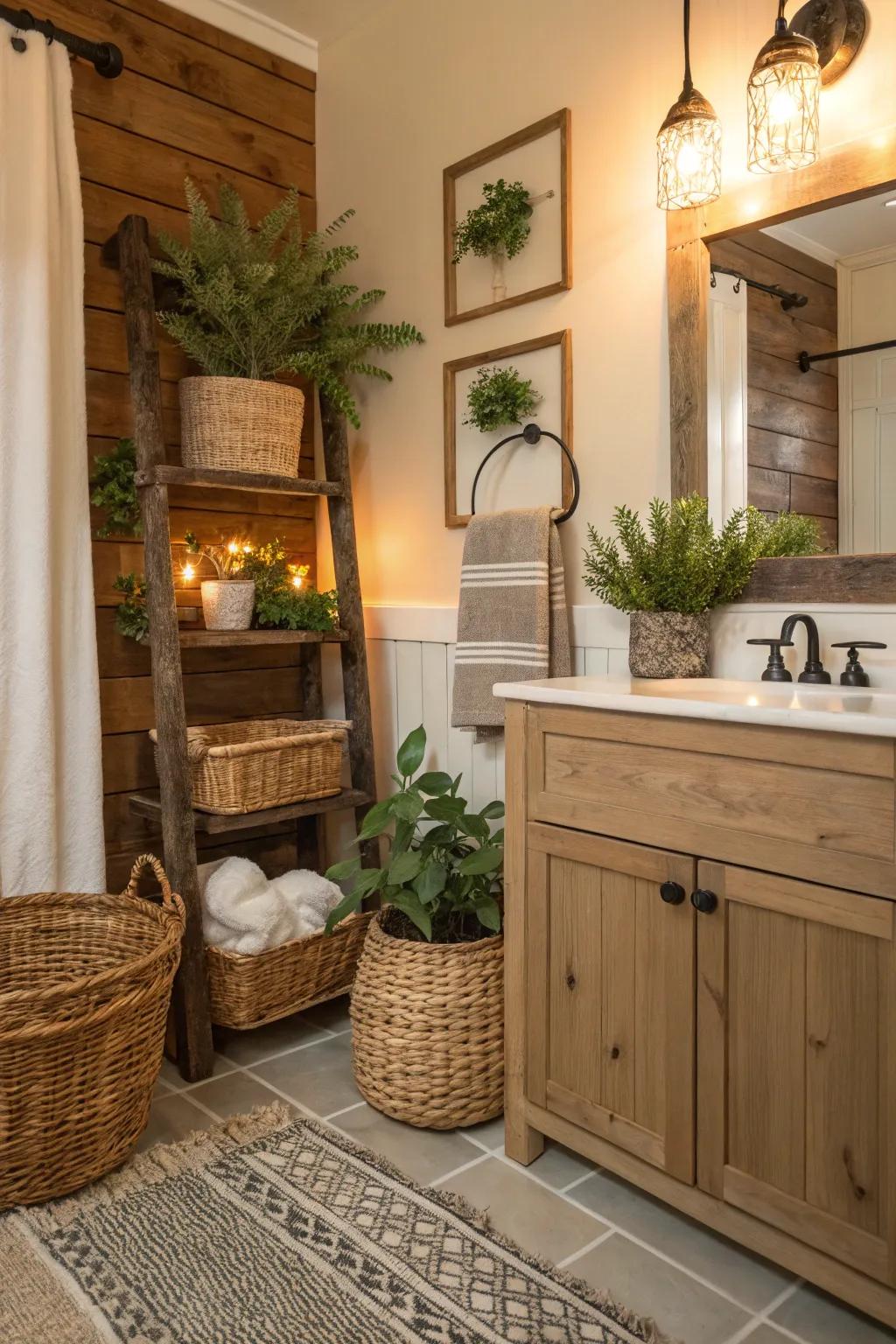 Farmhouse accessories add warmth and personality to this bathroom.