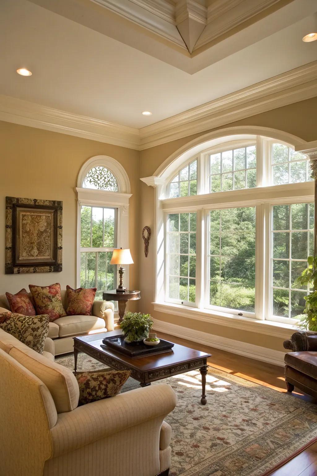 Grand window frames with faux crown molding.