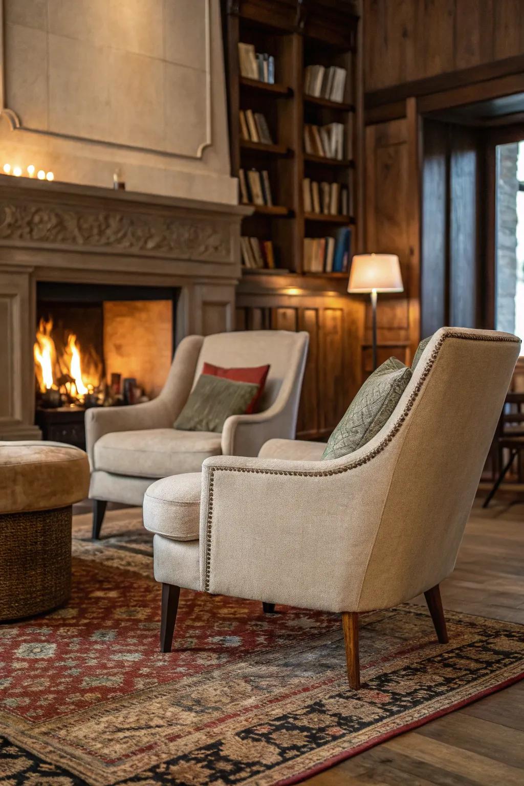 Plush seating and soft textiles invite relaxation by the fire.