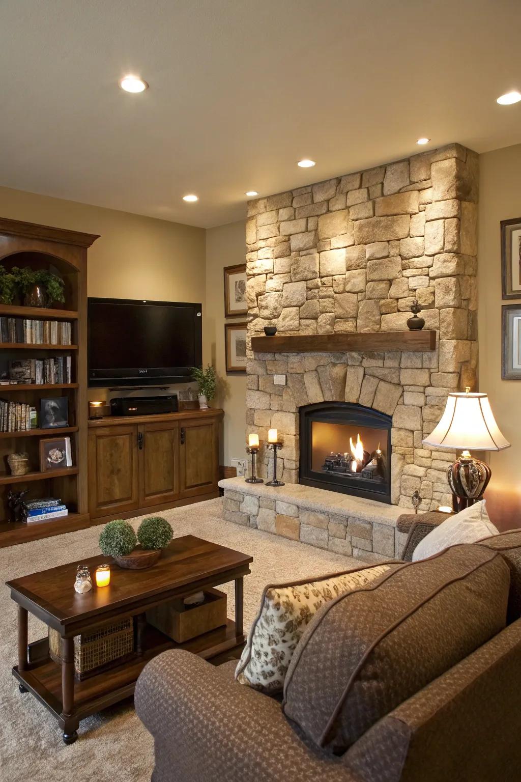 A living room featuring a natural stone fireplace wall with a TV.