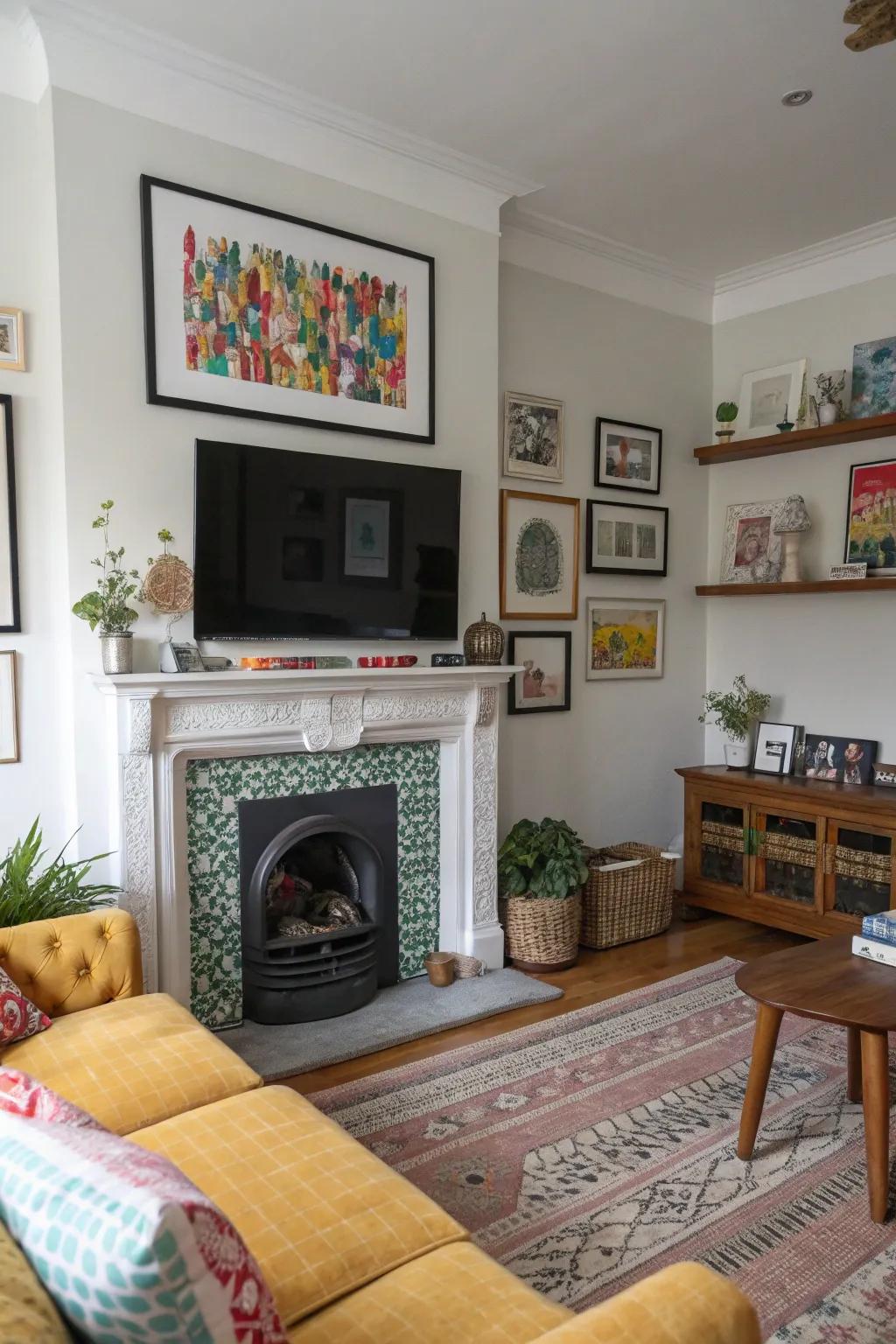 An eclectic living room with personal touches and a TV above the fireplace.