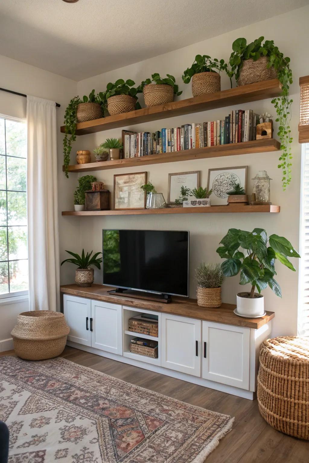 Personalize your floating shelves with decorative items around your TV.