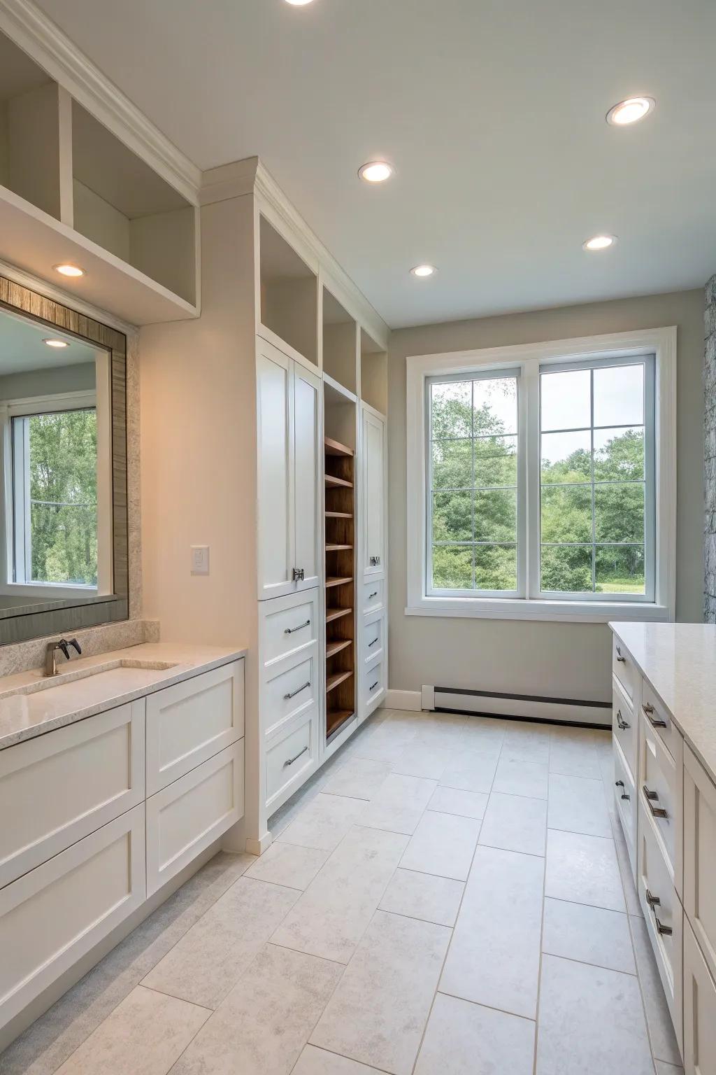 An open layout creates a sense of spaciousness in the bathroom.