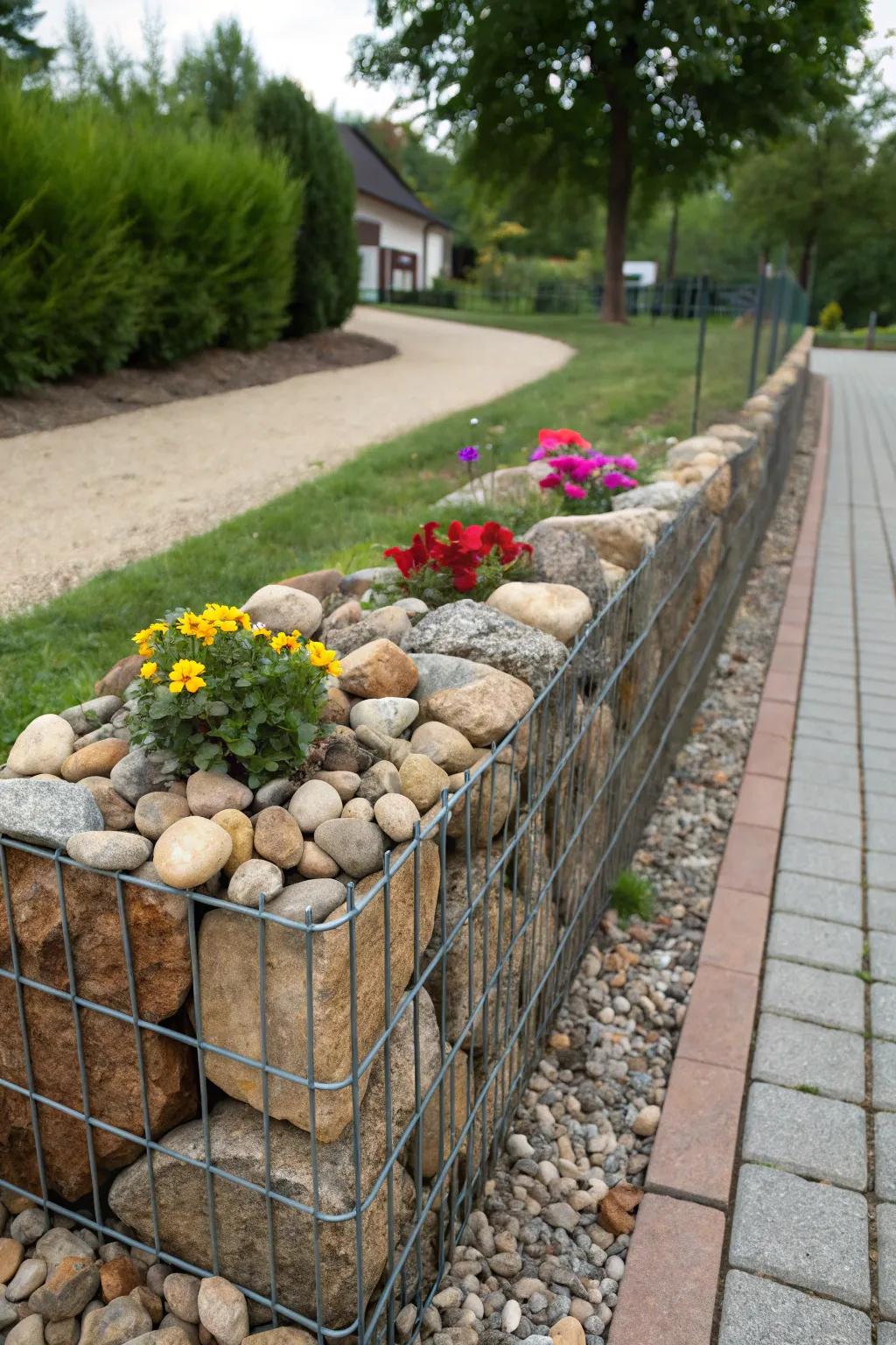 Gabion walls provide a striking and textured flower bed border.