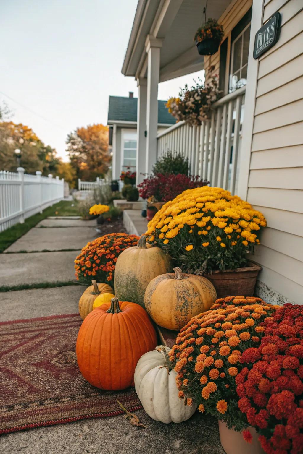 Pumpkins and flowers create a colorful, inviting porch display.