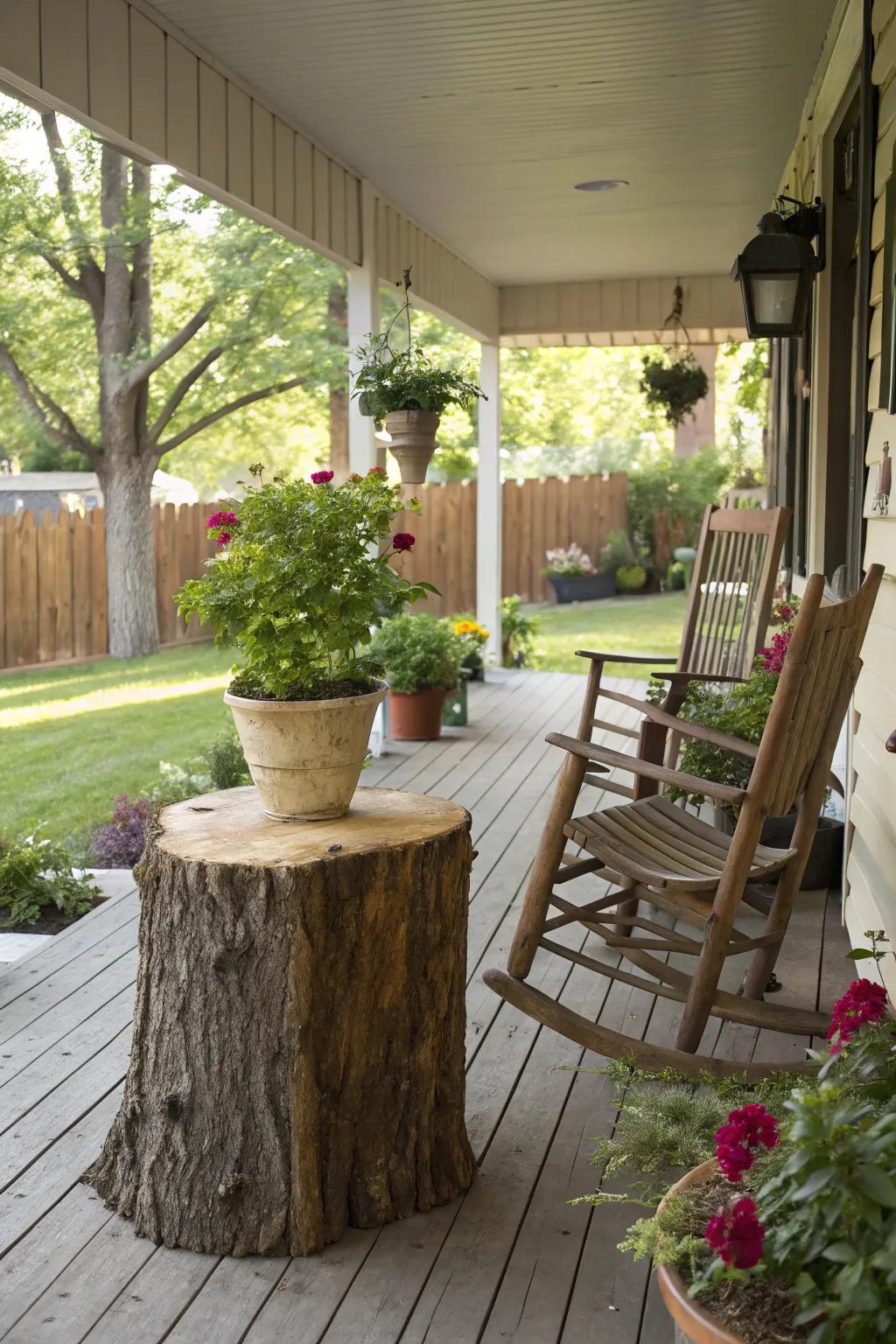 A tree stump table adds a unique, natural element to your porch.