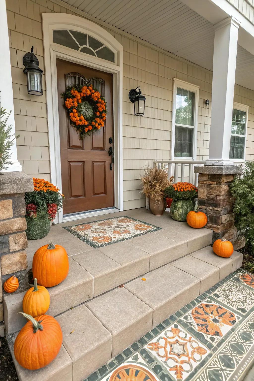 Seasonal decor adds a festive touch to your porch tiles.