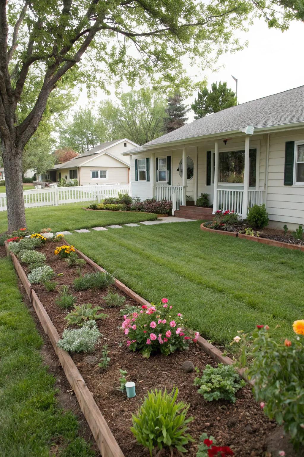 Neatly mulched garden beds for a polished front yard