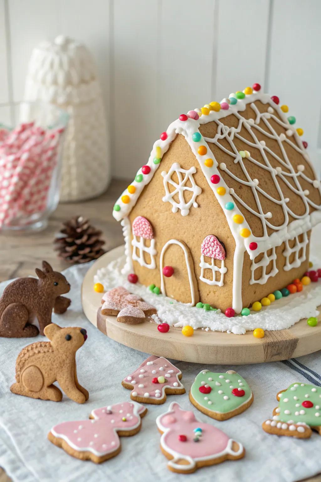 A gingerbread house with a cookie petting zoo