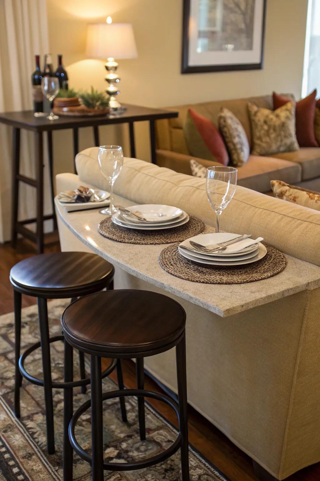 A bar table behind the couch, offering a casual dining experience.