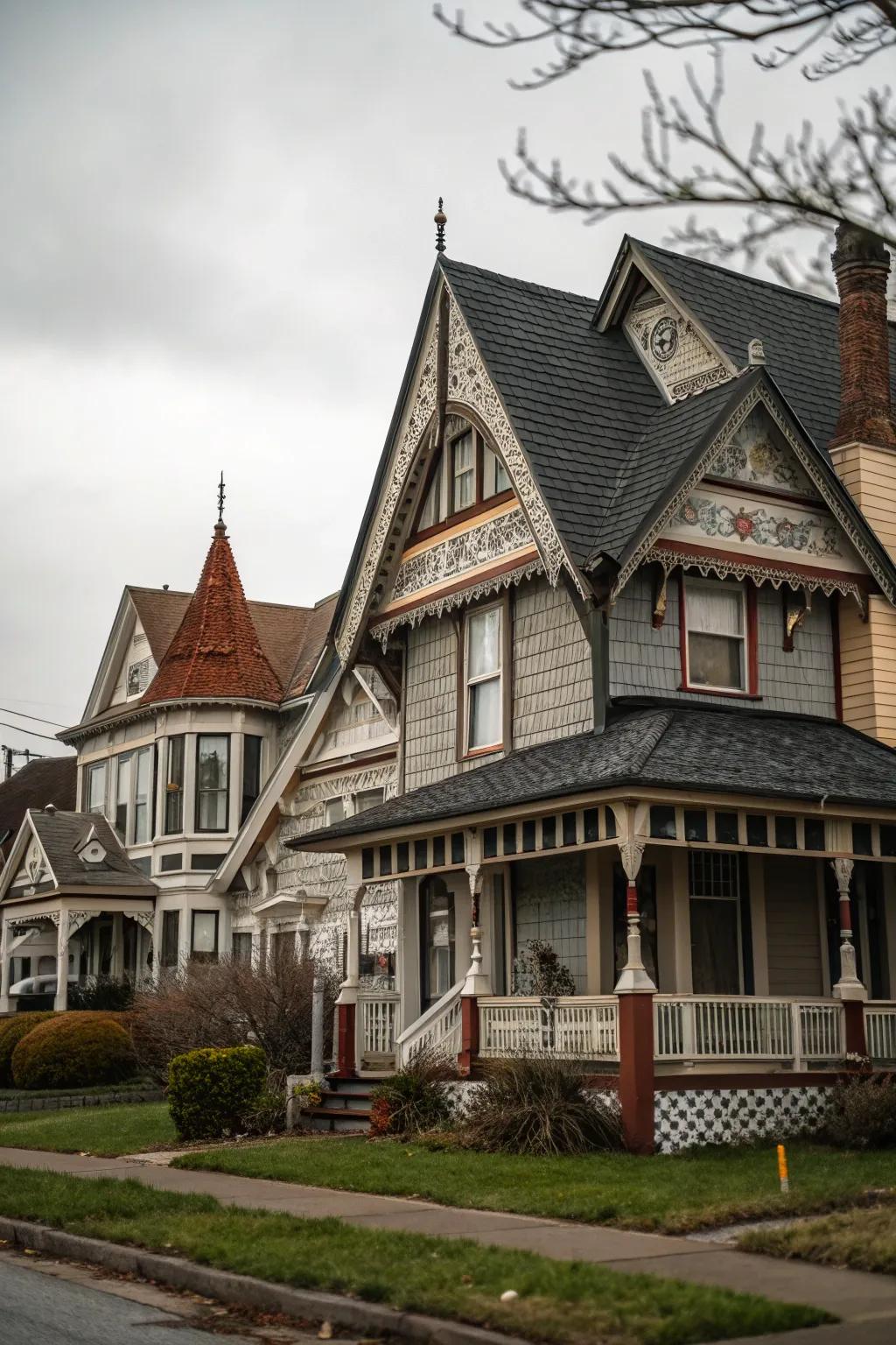 Asymmetrical gable patterns add unique flair.