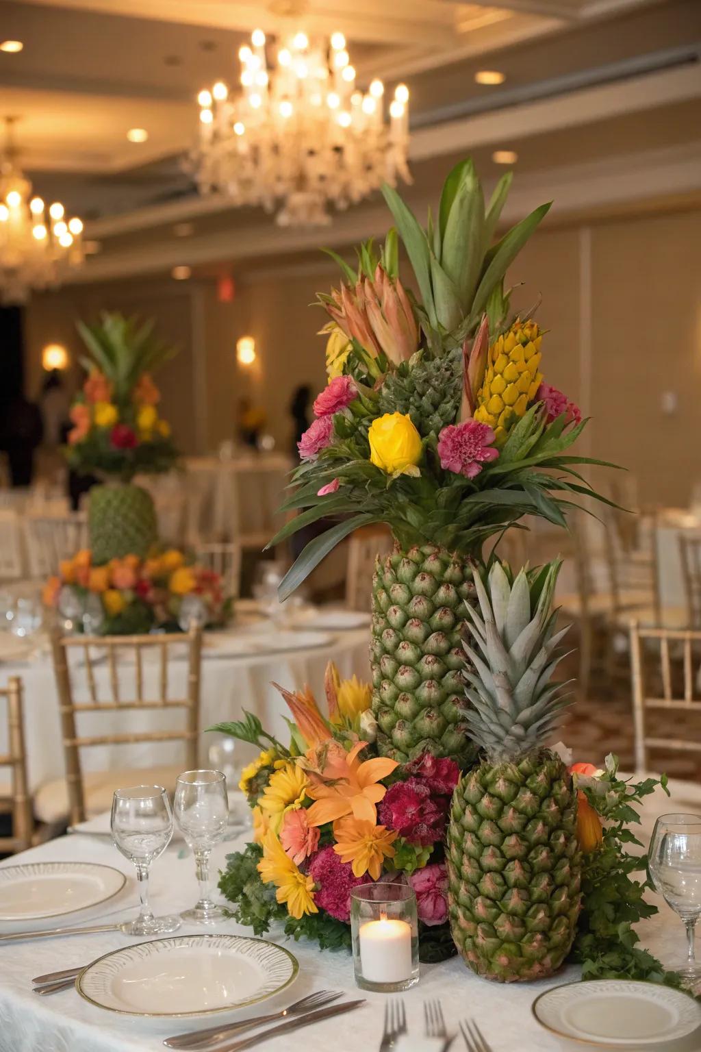 Exotic touches with tropical flowers and fruits.