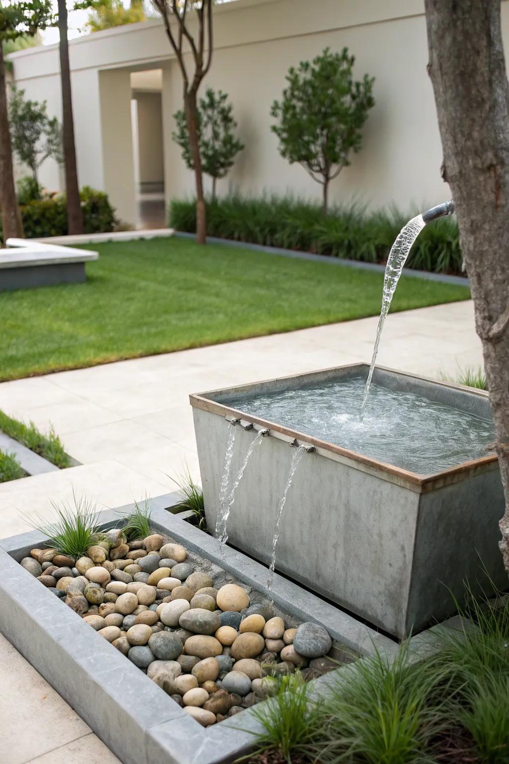 A modern spout transforms a galvanized trough into a minimalist fountain.