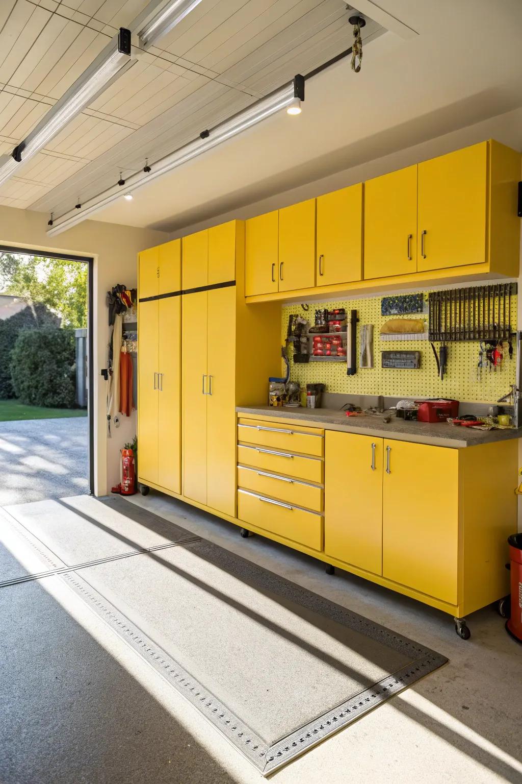 Sunny yellow cabinets bring joy and light to this garage.