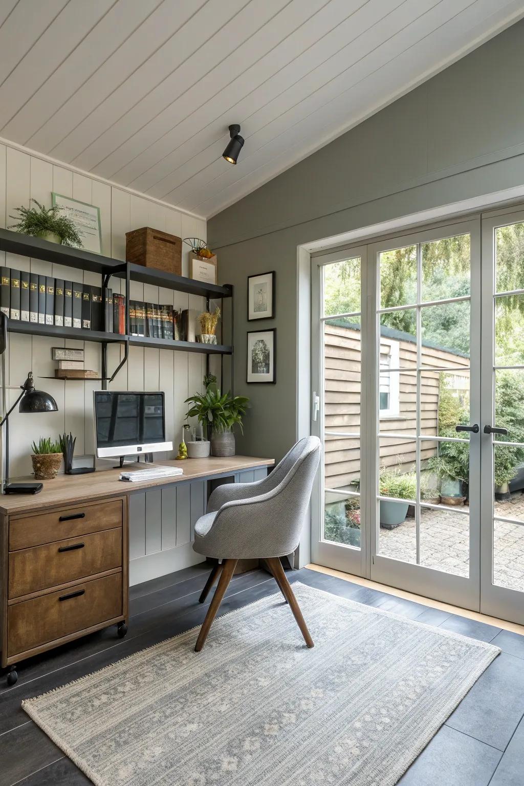 A serene home office cleverly integrated into a garage space.