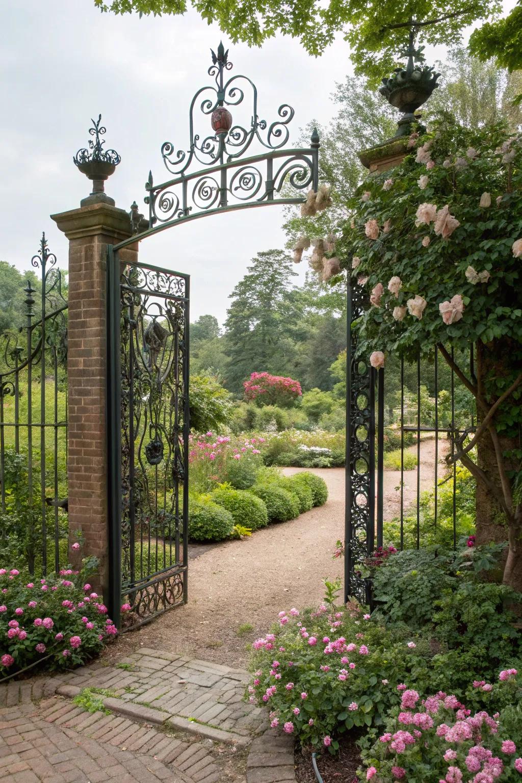 Ornate elements add elegance to this garden gate.