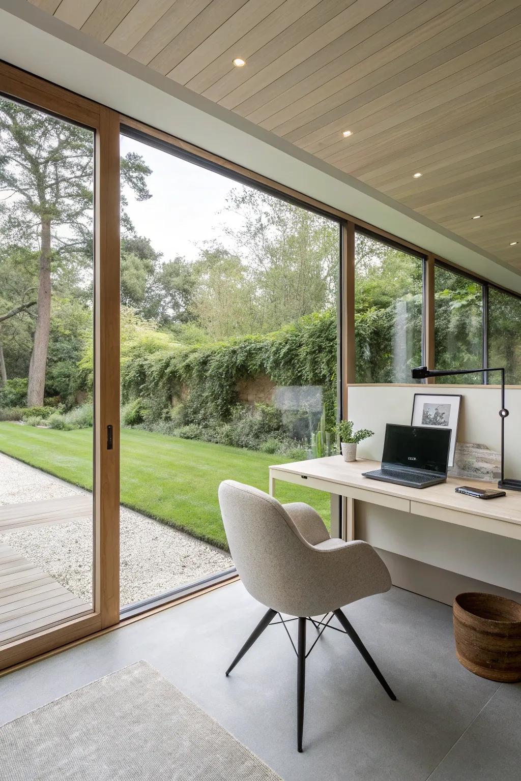 A minimalist garden office, showcasing simplicity and elegance for optimal productivity.