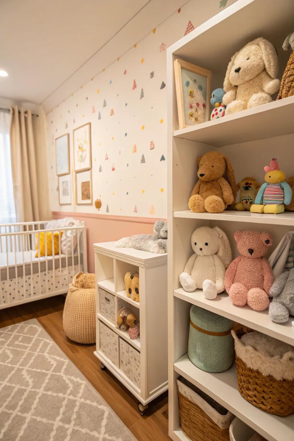 Plush toys add warmth and character to the nursery.