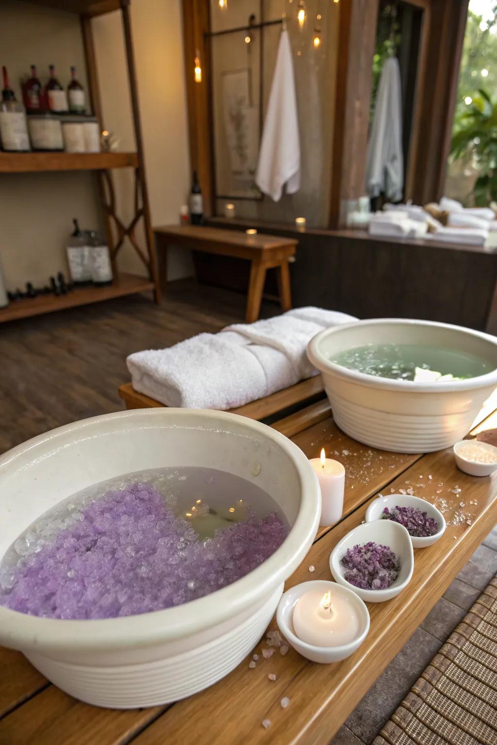 Foot soak stations for a calming spa experience.