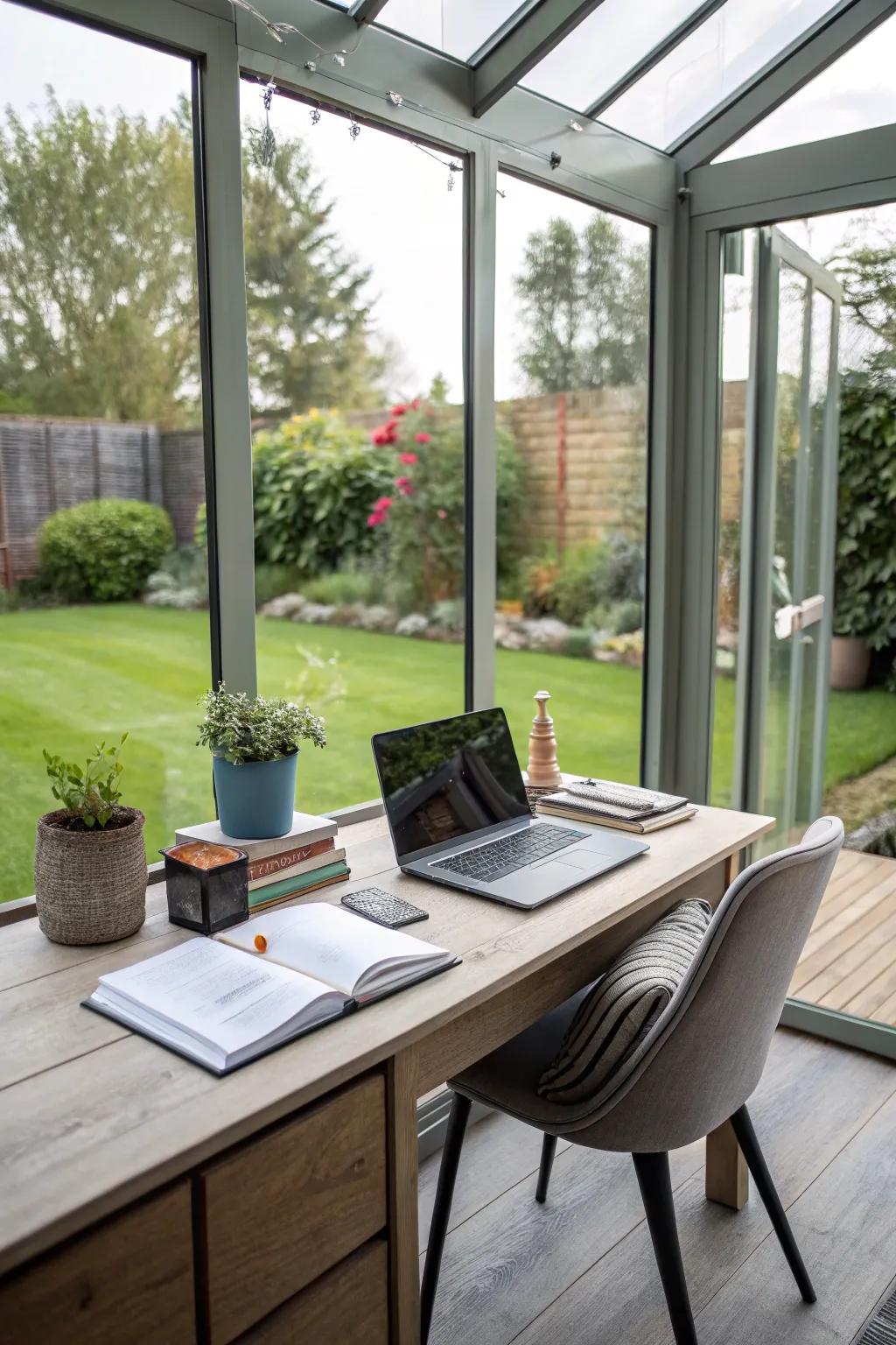 A serene home office with inspiring garden views.