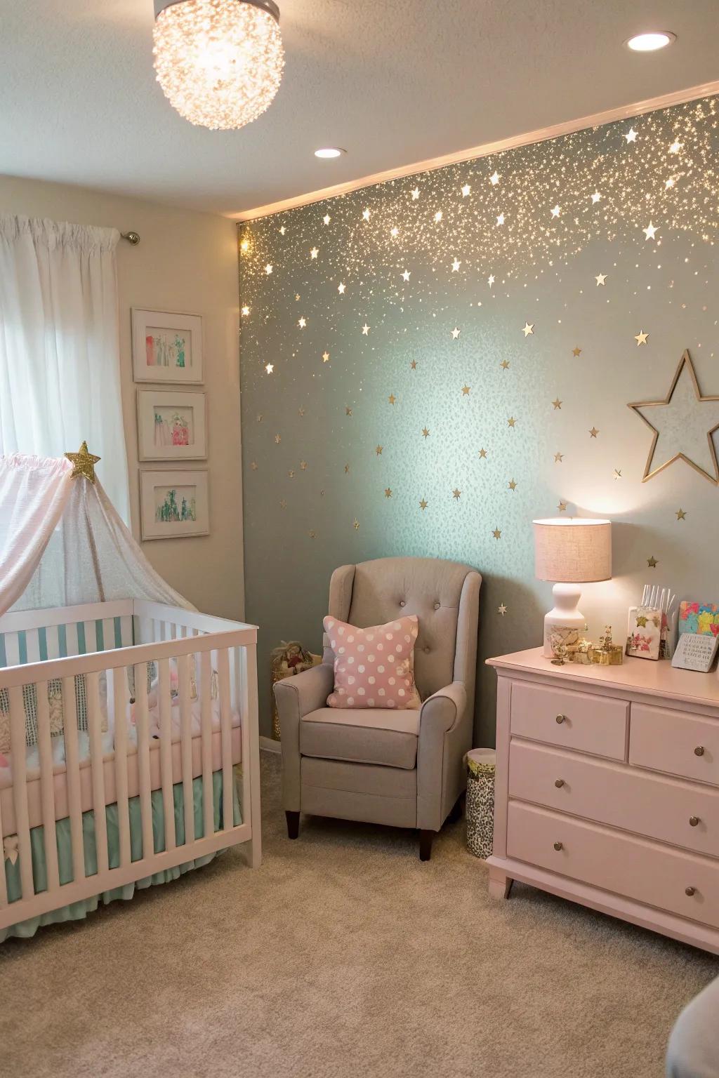 A glitter accent wall adds magic to a nursery.
