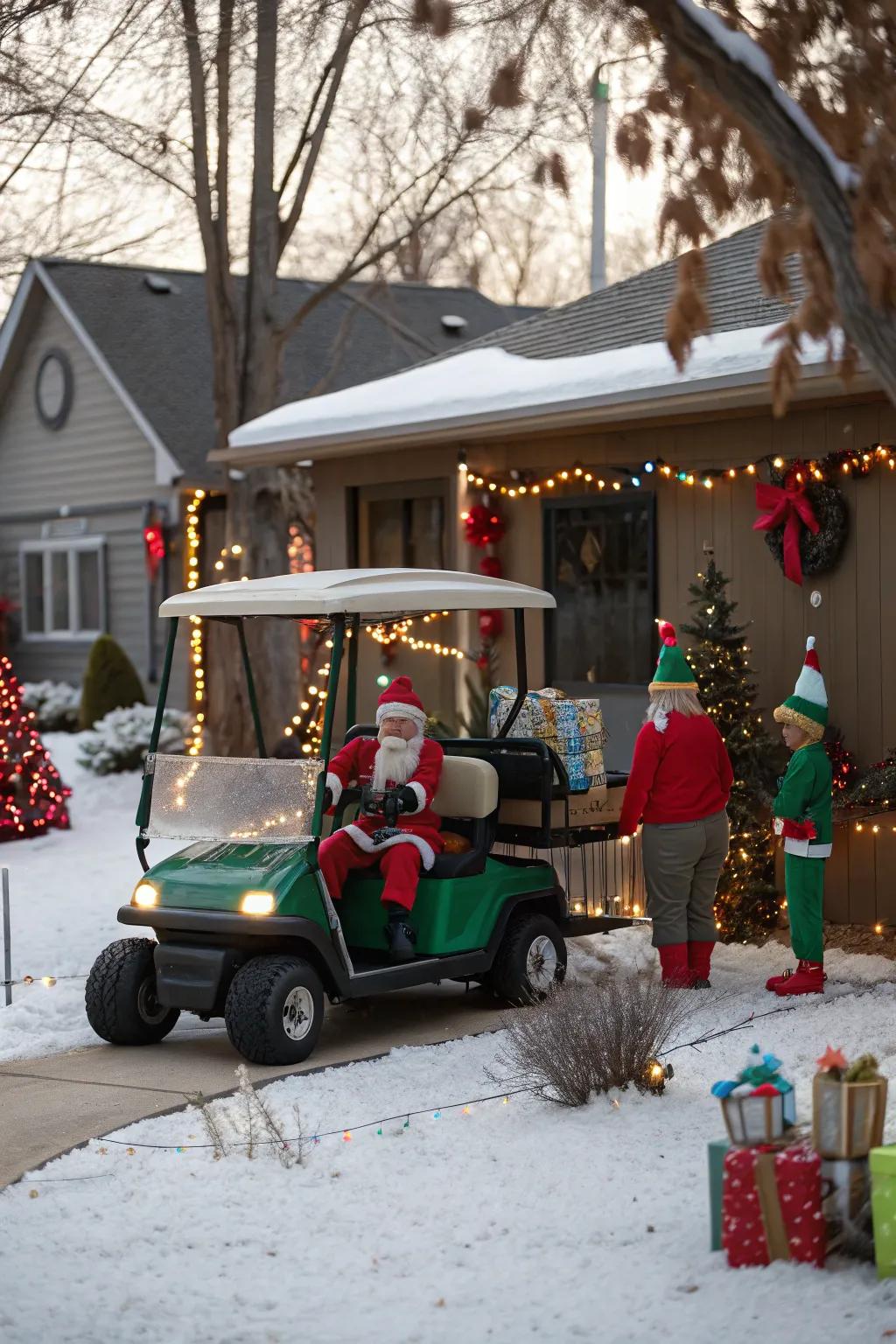 Elves hard at work on this playful golf cart.