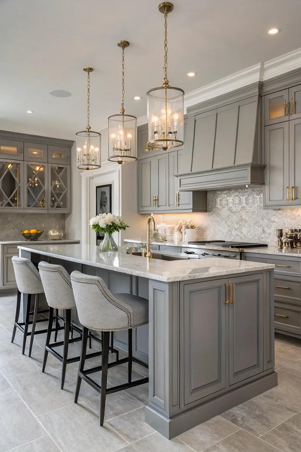 Chic pendant lighting enhances the sophistication of gray cabinets.