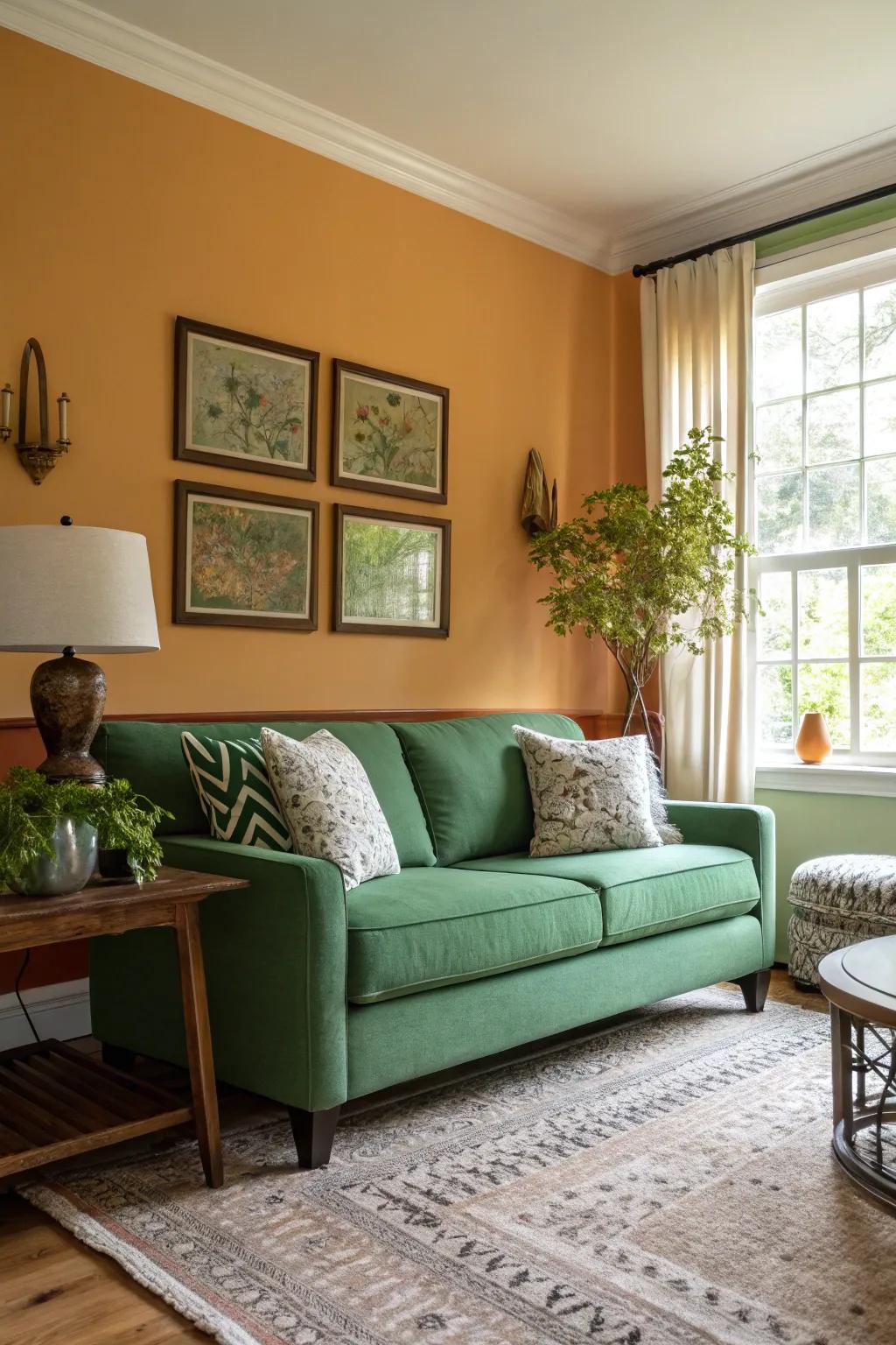 An accent wall can beautifully highlight a green couch, adding depth to the room.