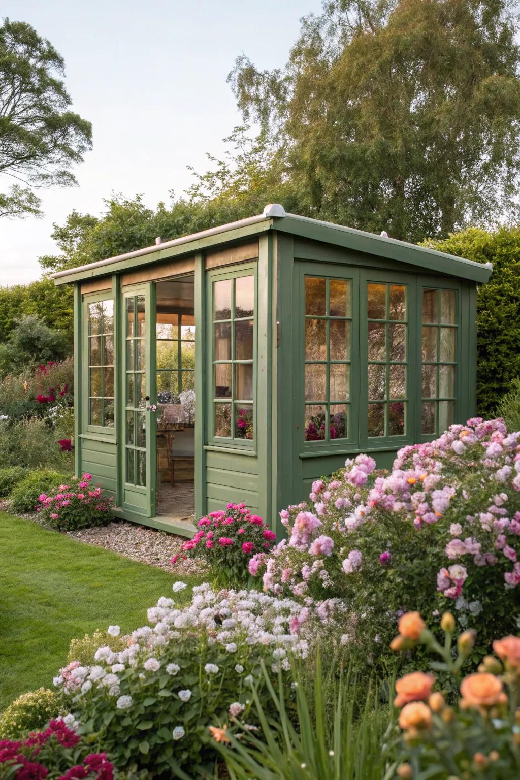 A green garden room shed offers a peaceful retreat.