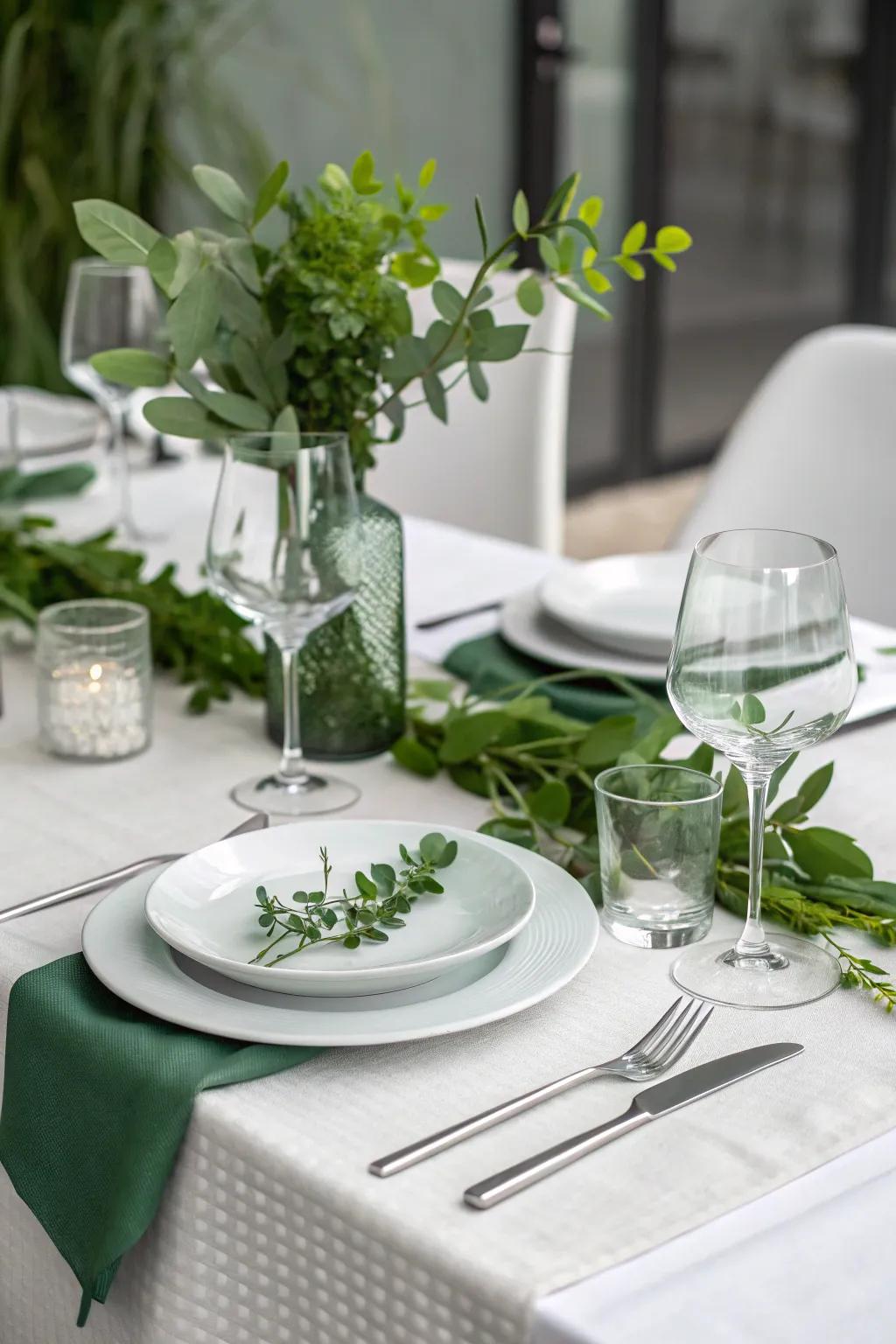 Minimalistic table setting with strategic green accents.