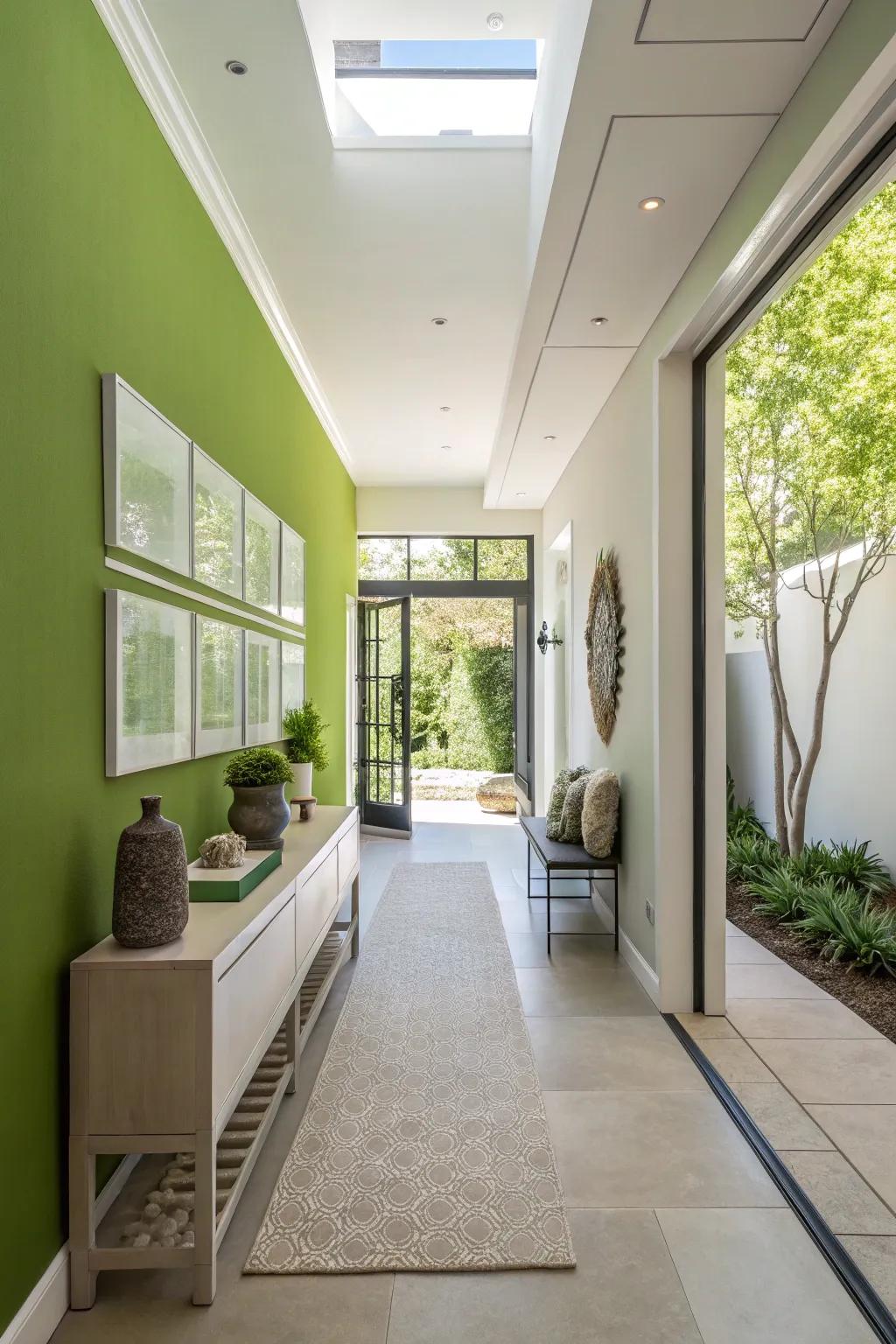 A sleek and contemporary entryway with a vibrant green wall.