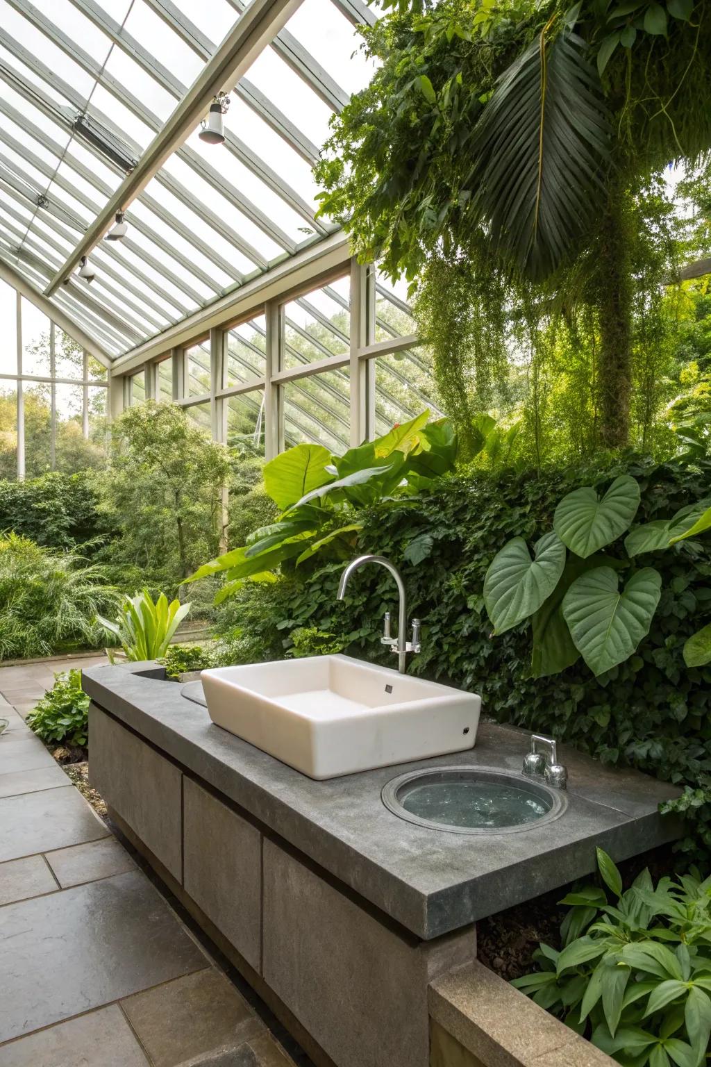 An integrated water feature that adds tranquility to a greenhouse space.