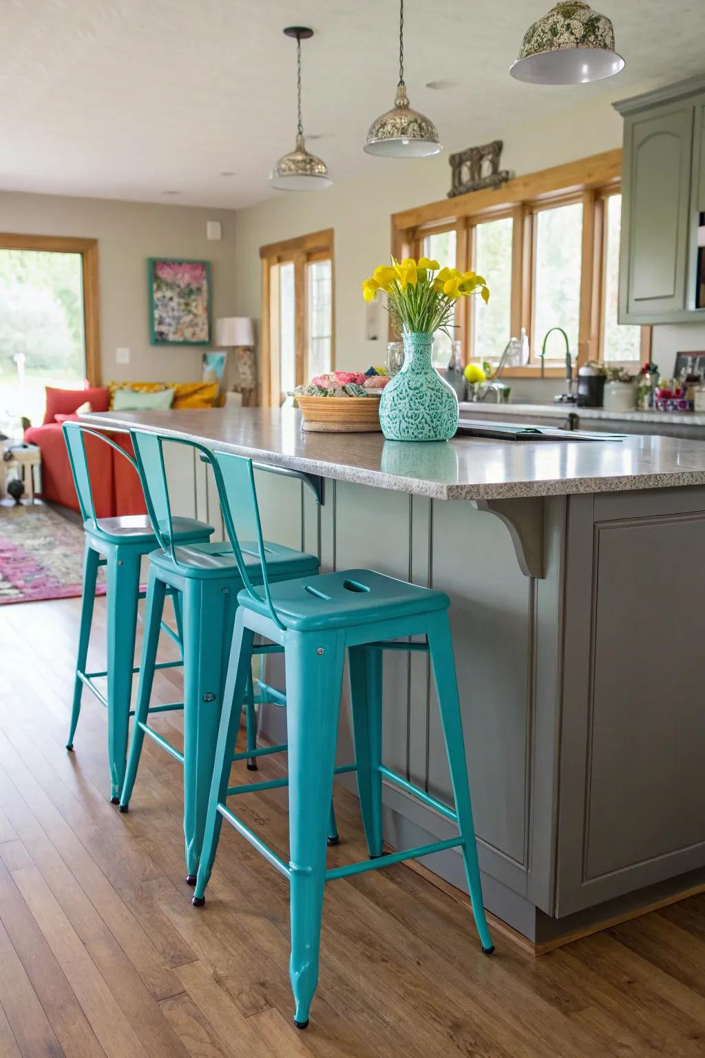 Turquoise bar stools add a playful pop of color to the kitchen.