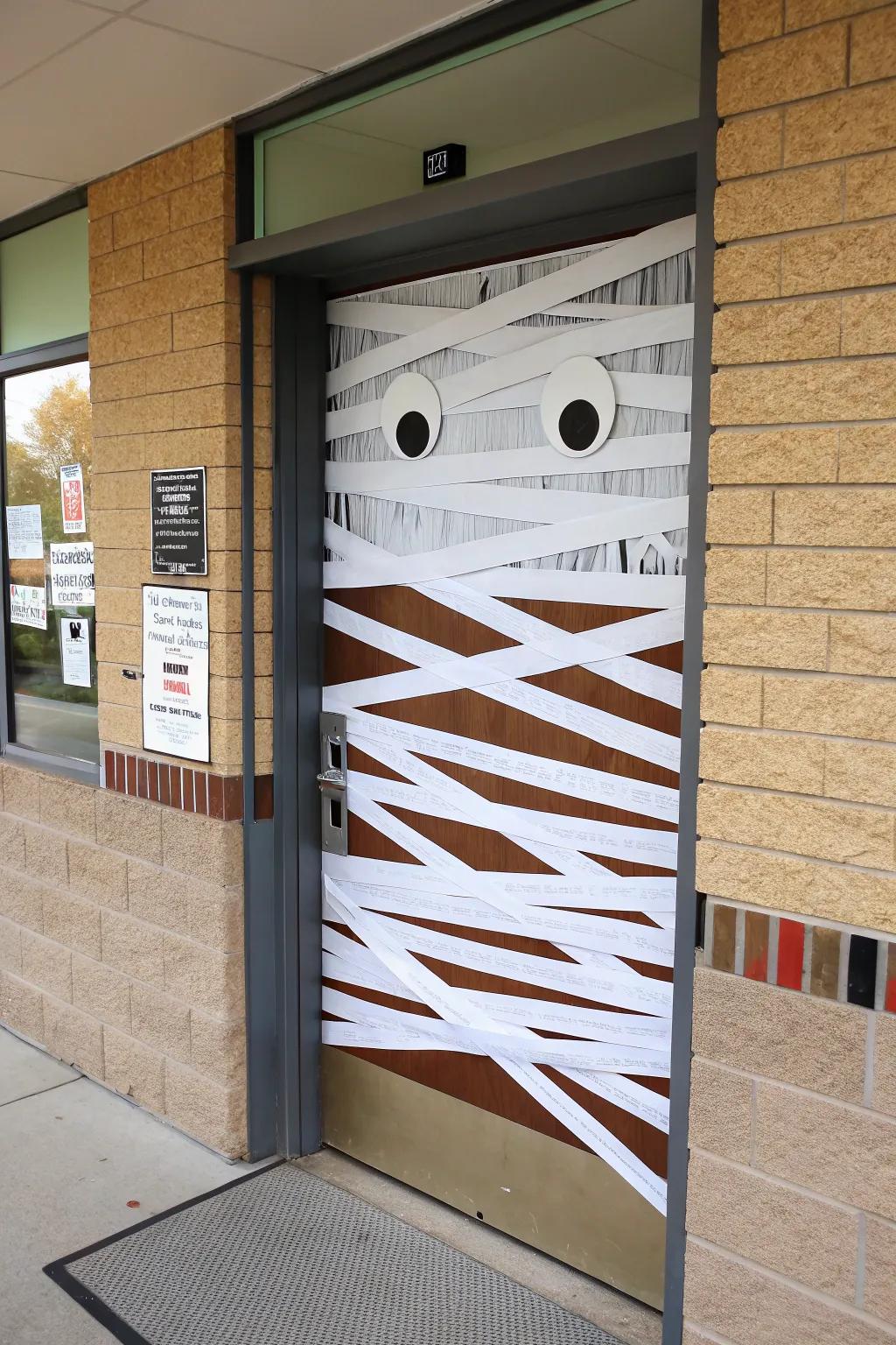 A mummy-wrapped door, complete with googly eyes for a fun twist.