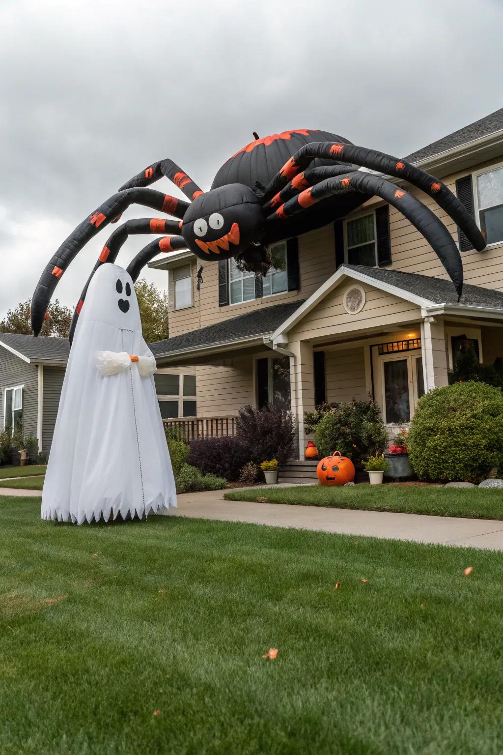 Inflatable creatures adding a larger-than-life element to Halloween decor.