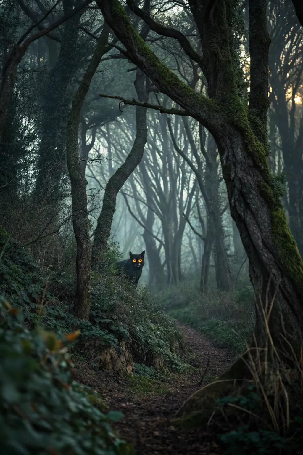 A haunted forest where glowing eyes watch from the shadows.