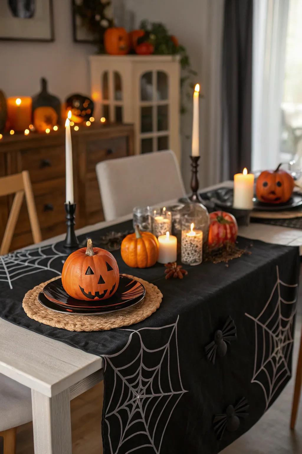 A vinyl table runner adds a spooky touch to dinner parties.