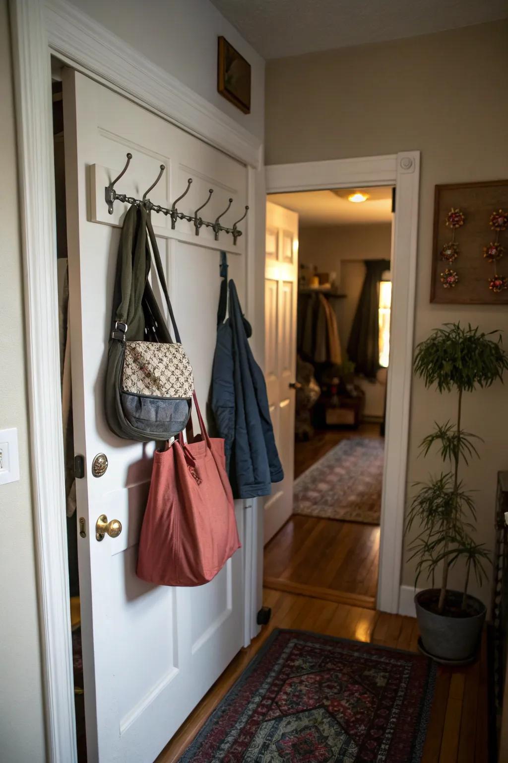 Hooks on a hallway closet door for efficient use of vertical space.