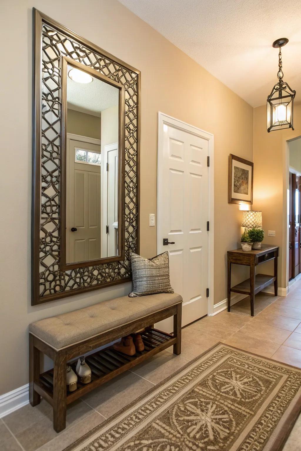 A mirror and bench combo offers style and practicality.