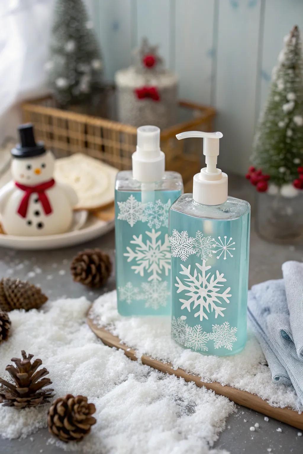 Elegant hand soap with snowflake designs