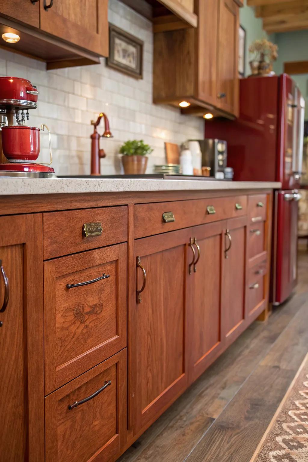 Antique copper pulls enhance the warmth of cherry wood.