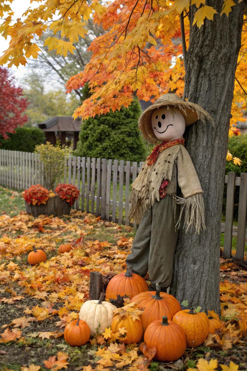 A whimsical scarecrow adding charm to the garden.