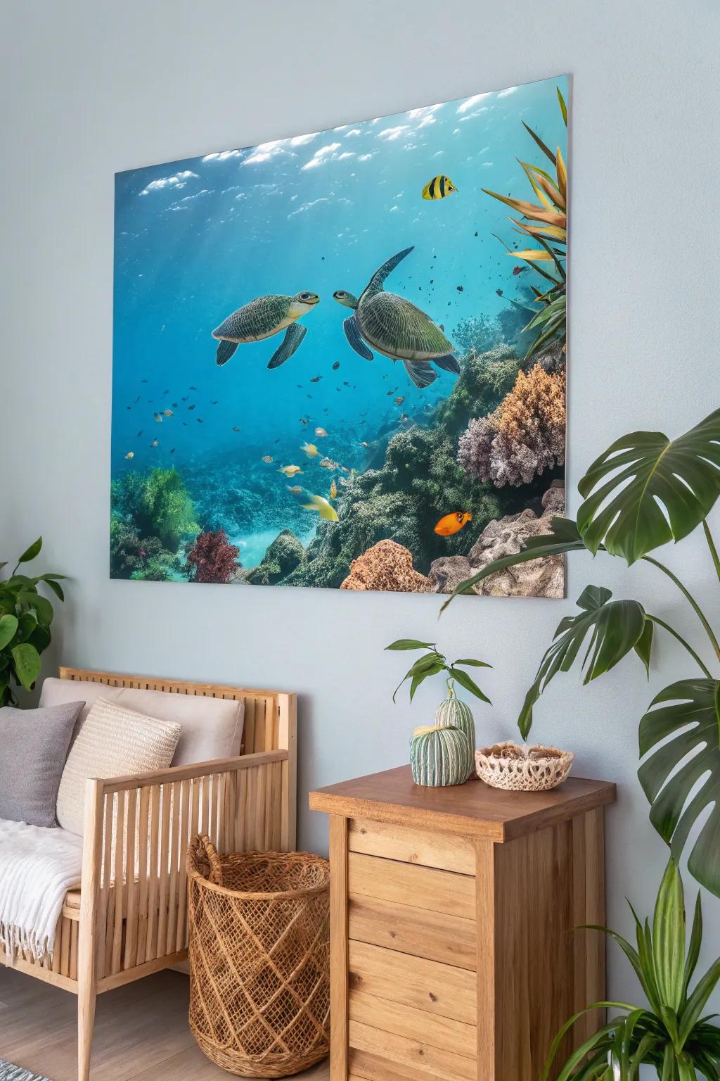 A poster featuring Hawaiian sea turtles in a nature-themed room.