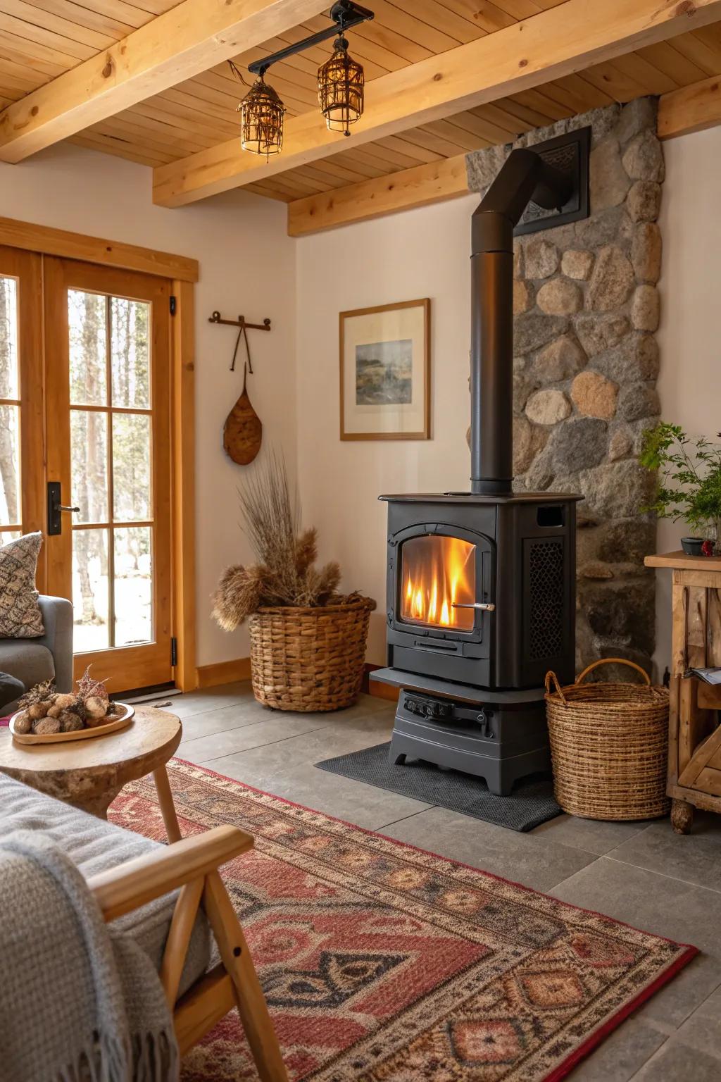 A cozy living room featuring a pellet stove, perfect for sustainable and rustic heating.