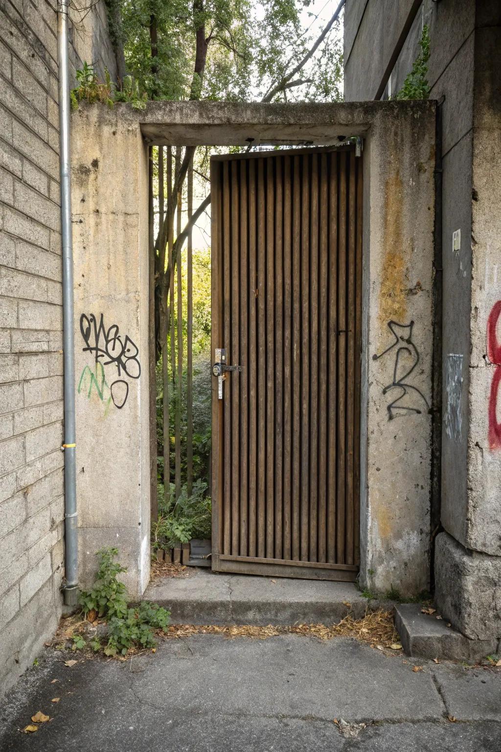 Vertical slats disguise a hidden door in style.