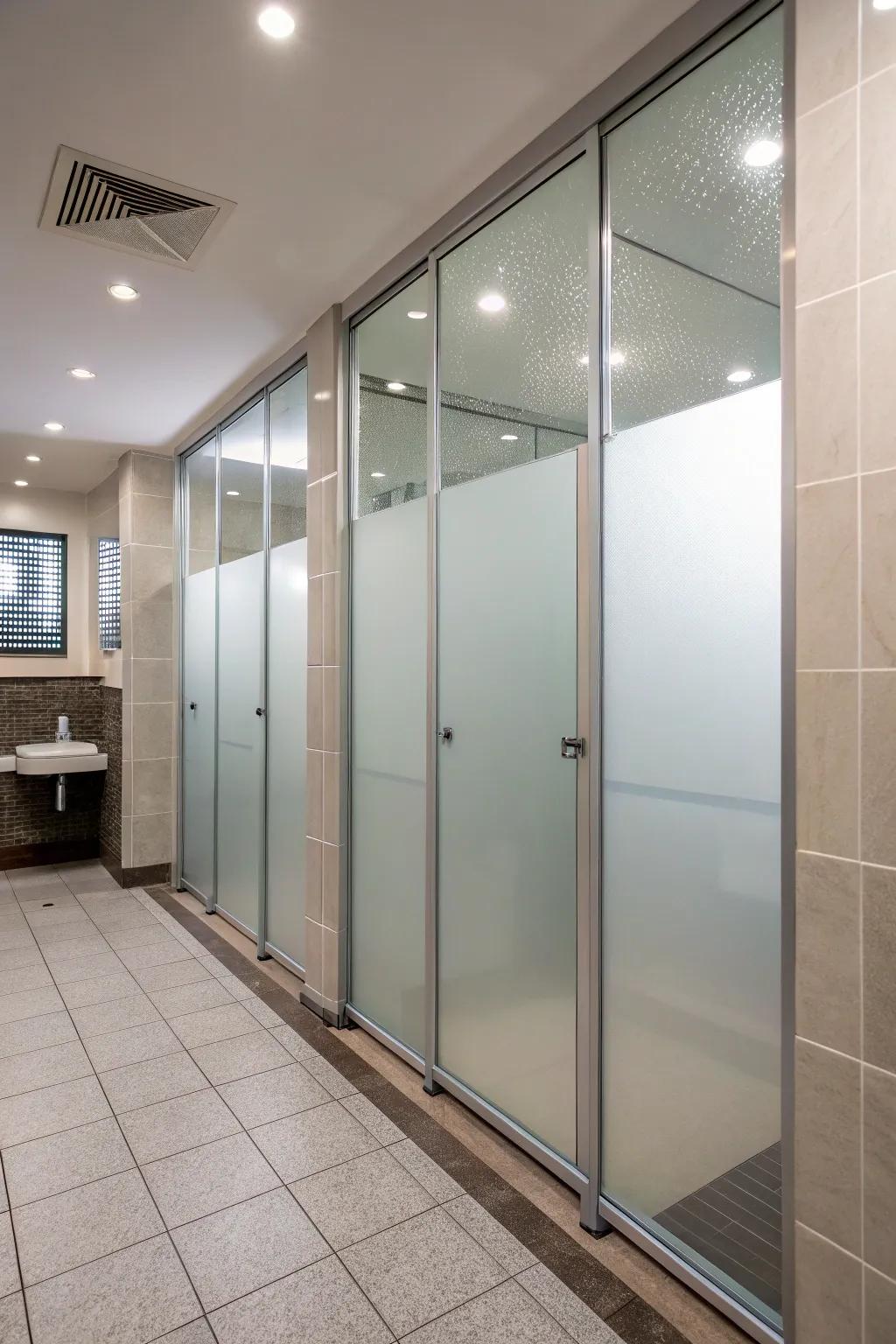 Frosted glass partitions offer privacy and light in a hidden shower.