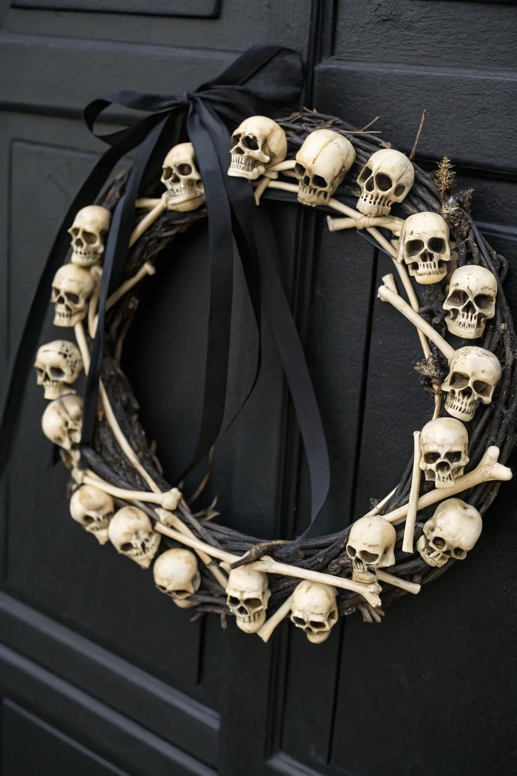 Elegance meets eerie in this skull and bones wreath.