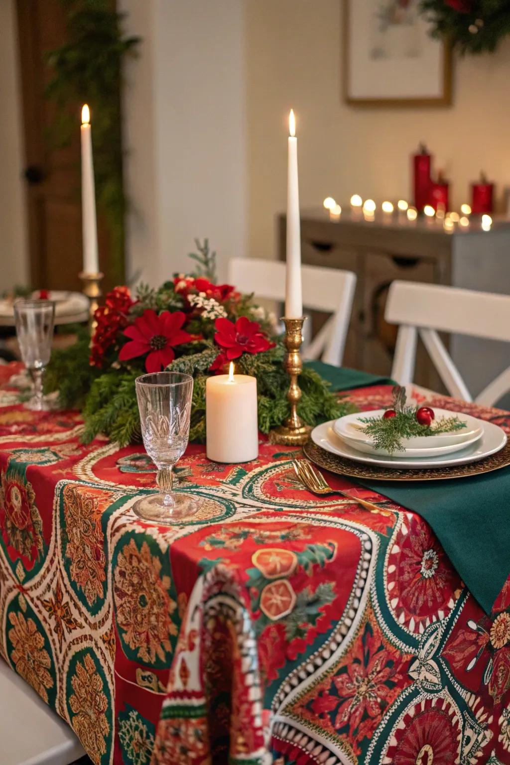 A festive tablecloth sets the foundation for your holiday decor.