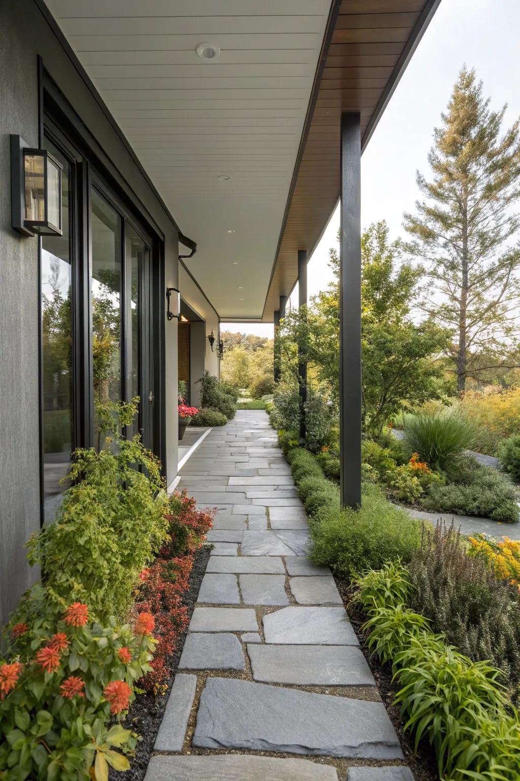 An inviting pathway lined with greenery leads to this modern porch.